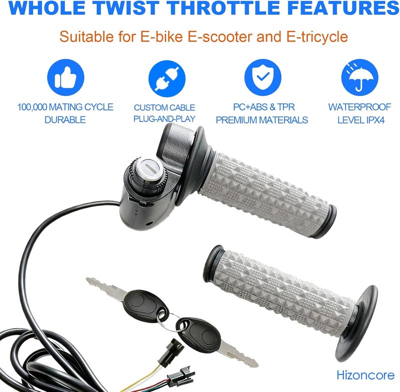 Hizoncore Full Twist Throttle Compatible with Ridstar Q20, True Plug and Play Taper Handles Ebike Throttle 12V-72V Wide Voltage with Key Lock, Fits E-Bike and E-Scooter - Image 3